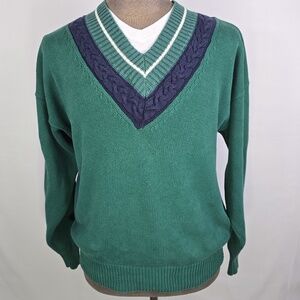 VTG-  J. Riggings Men's Green Cable Knit V-Neck Sweater Cricket Preppy Grandpa L
